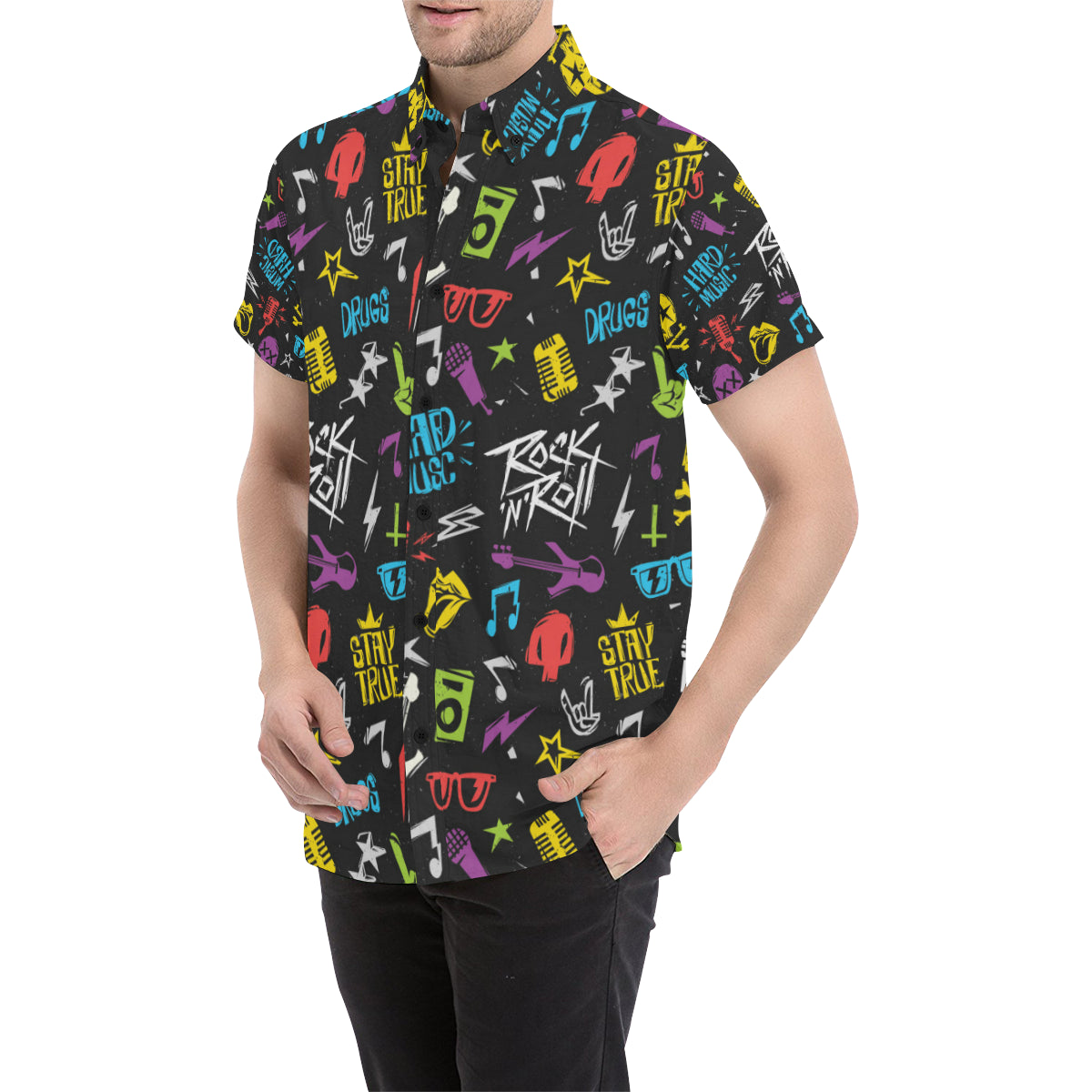Rock and Roll Pattern Print Design A02 Men's Short Sleeve Button Up Shirt