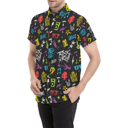 Rock and Roll Pattern Print Design A02 Men's Short Sleeve Button Up Shirt