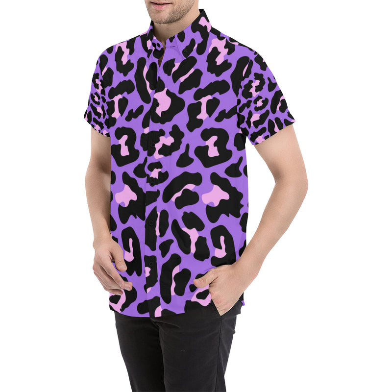 Cheetah Purple Neon Print Pattern Men's Short Sleeve Button Up Shirt