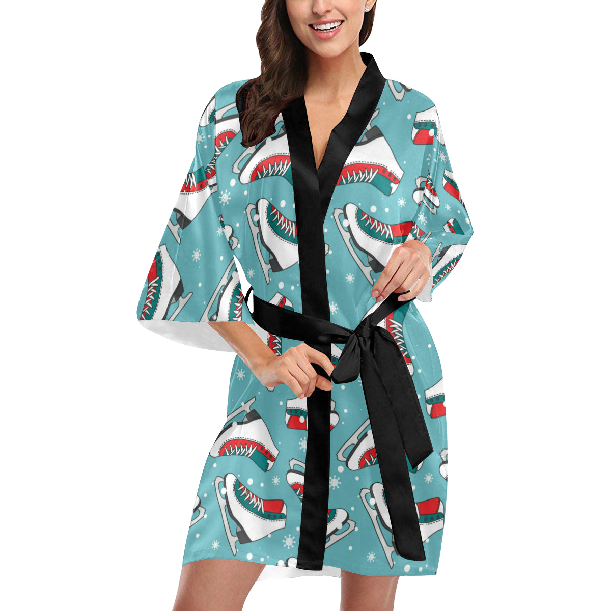 Ice Skate Pattern Print Design 03 Women's Short Kimono