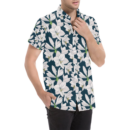 Amaryllis Pattern Print Design AL02 Men's Short Sleeve Button Up Shirt