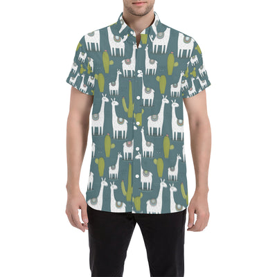 Llama Cactus Pattern Print Design 03 Men's Short Sleeve Button Up Shirt