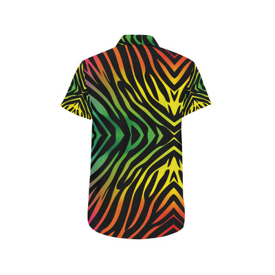 Rainbow Zebra Themed Print Men's Short Sleeve Button Up Shirt