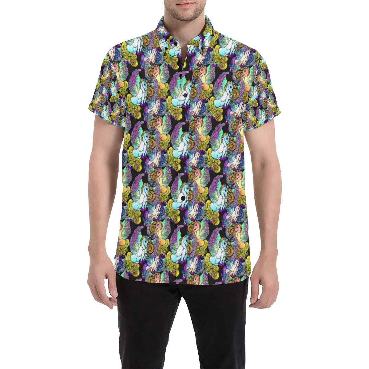 Unicorn With Wings Print Pattern Men's Short Sleeve Button Up Shirt