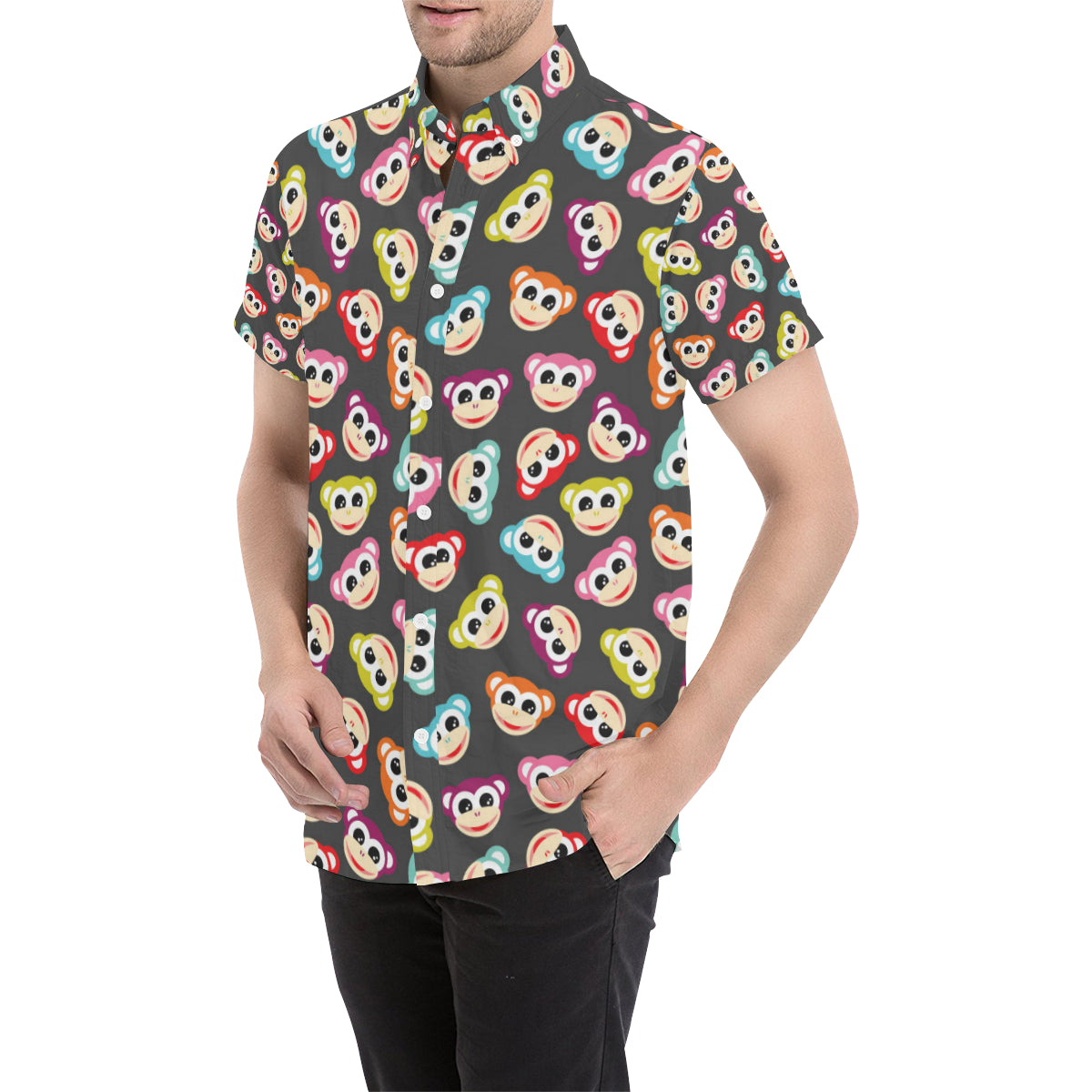Monkey Head Design Themed Print Men's Short Sleeve Button Up Shirt