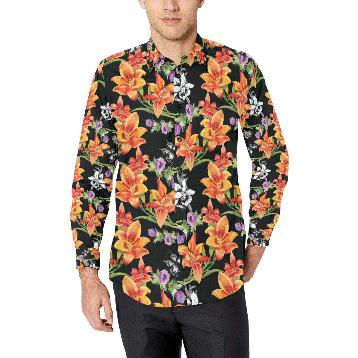 Tropical Flower Pattern Print Design TF02 Men's Long Sleeve Shirt