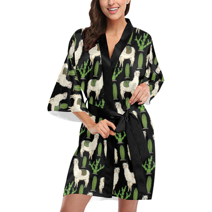 Llama Cactus Pattern Print Design 011 Women's Short Kimono