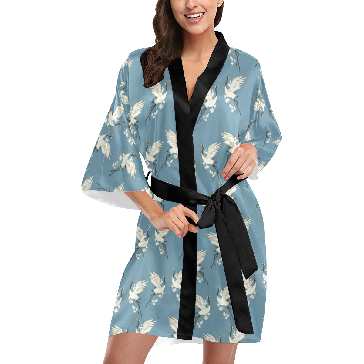 Crane Pattern Print Design 05 Women's Short Kimono