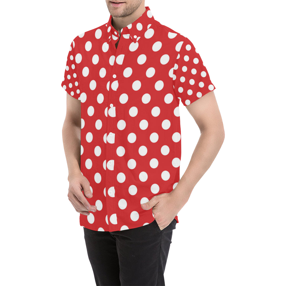 Polka Dot Red Pattern Print Design 04 Men's Short Sleeve Button Up Shirt