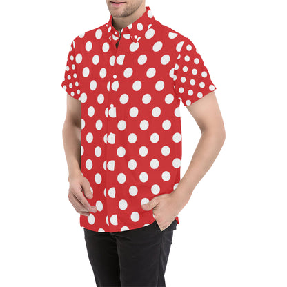 Polka Dot Red Pattern Print Design 04 Men's Short Sleeve Button Up Shirt