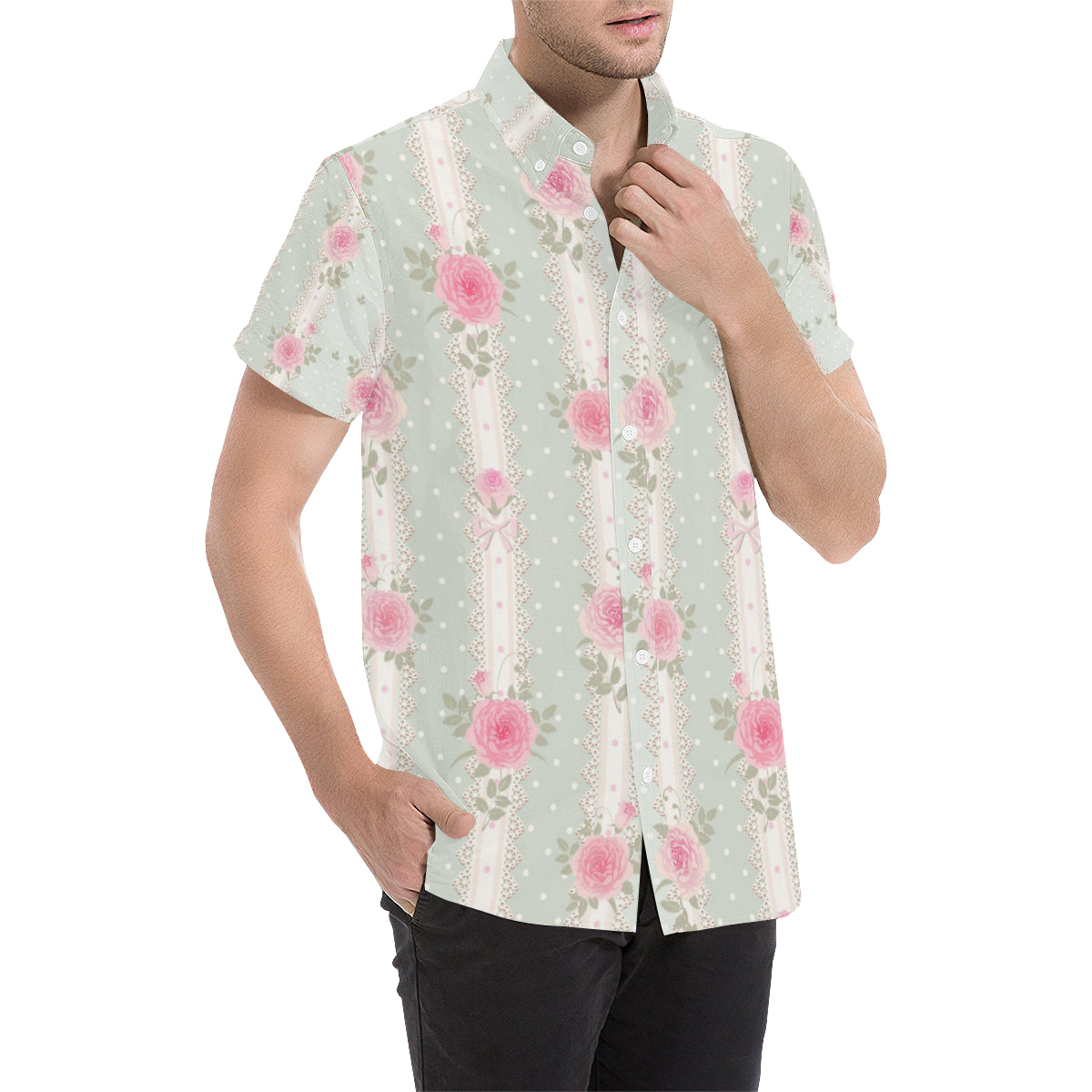 Rose Pattern Print Design RO016 Men's Short Sleeve Button Up Shirt