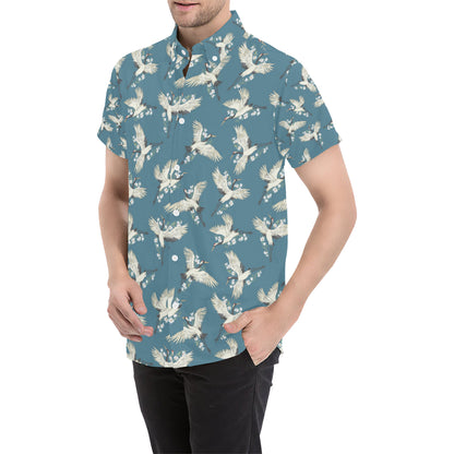 Crane Pattern Print Design 02 Men's Short Sleeve Button Up Shirt