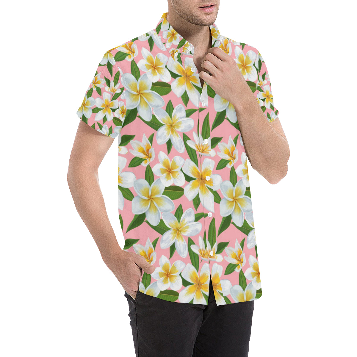 White Plumeria Pattern Print Design PM011 Men's Short Sleeve Button Up Shirt