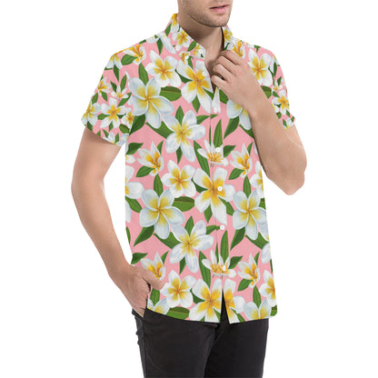 White Plumeria Pattern Print Design PM011 Men's Short Sleeve Button Up Shirt
