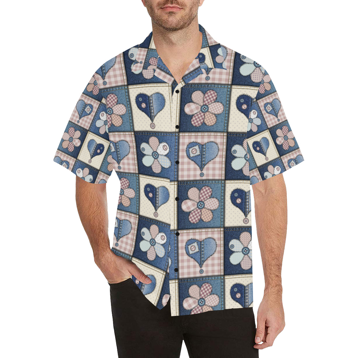 Patchwork Heart Flower Pattern Print Design 01 Men's Hawaiian Shirt