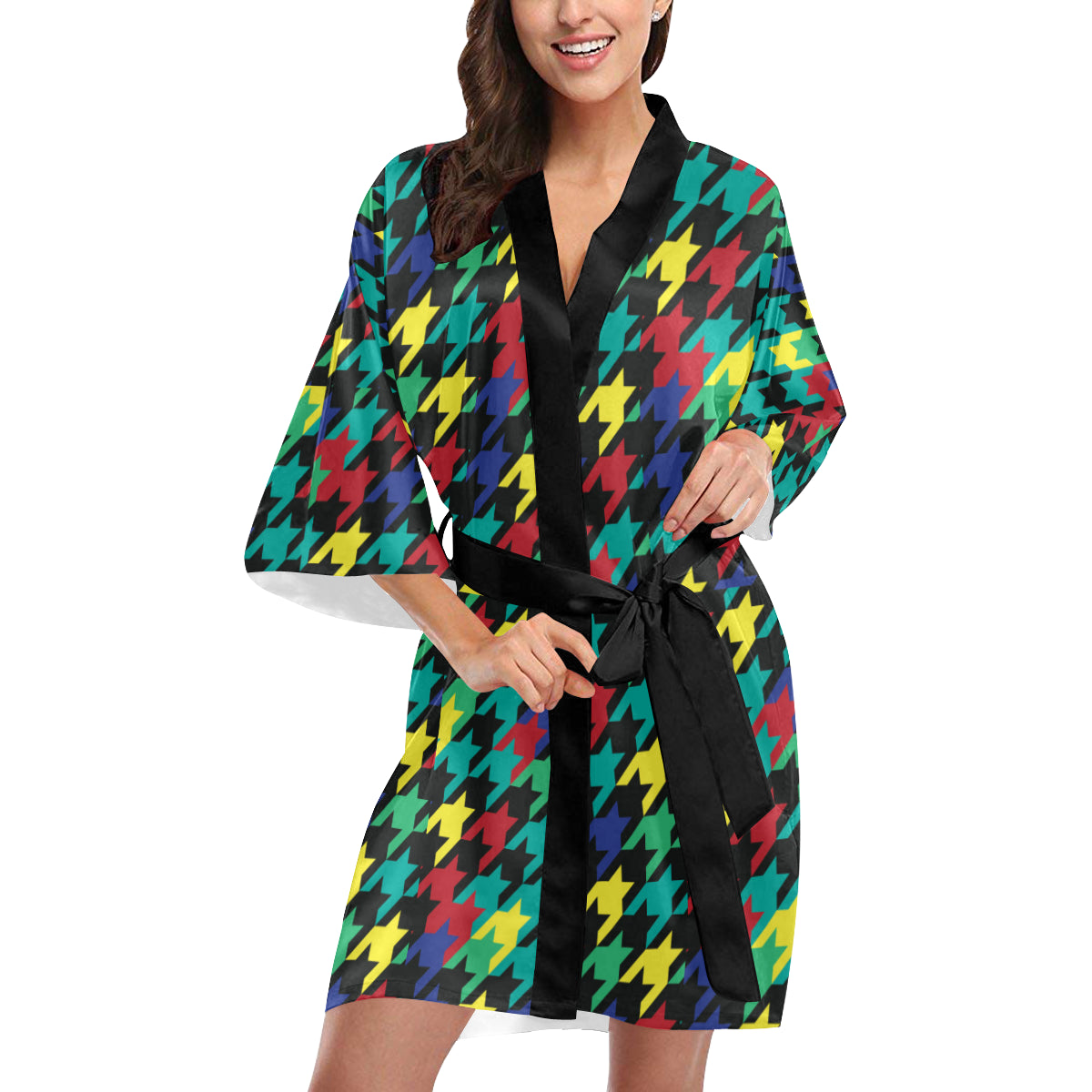 Houndstooth Colorful Pattern Print Design 02 Women's Short Kimono
