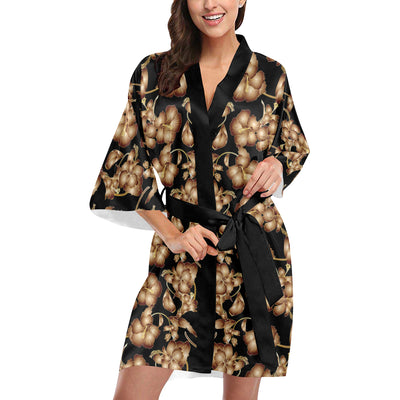 Brown Hibiscus Pattern Print Design HB06 Women's Short Kimono