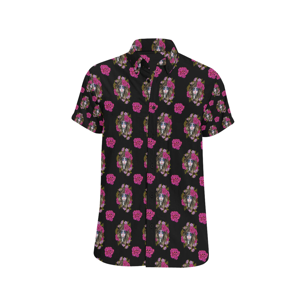 Day of the Dead Makeup Girl Men's Short Sleeve Button Up Shirt