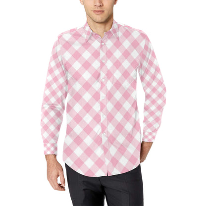 Gingham Pink Pattern Print Design 02 Men's Long Sleeve Shirt