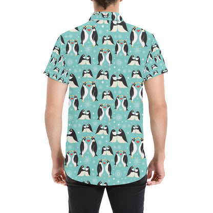 Penguin Love Print Men's Short Sleeve Button Up Shirt