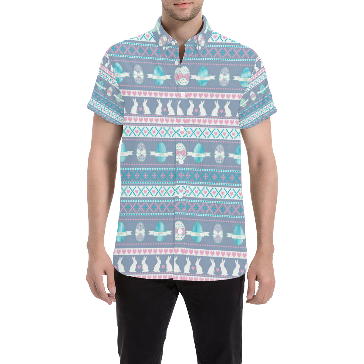 Easter Eggs Pattern Print Design RB013 Men's Short Sleeve Button Up Shirt