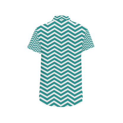 Chevron Teal Pattern Print Design 02 Men's Short Sleeve Button Up Shirt