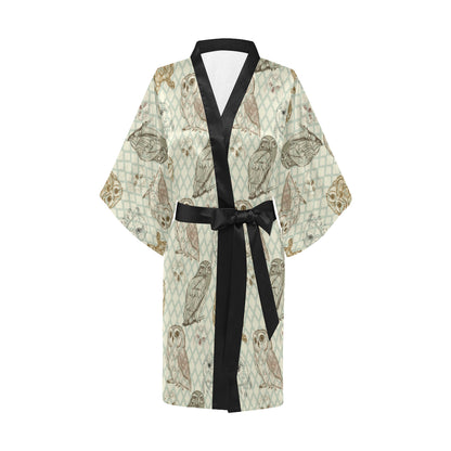 Owl Pattern Print Design A03 Women's Short Kimono