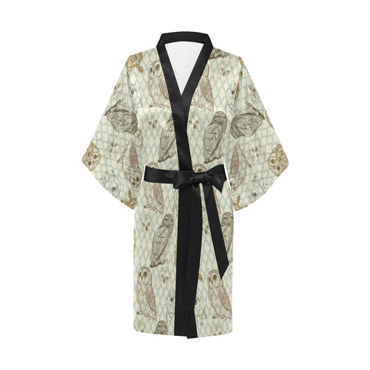 Owl Pattern Print Design A03 Women's Short Kimono