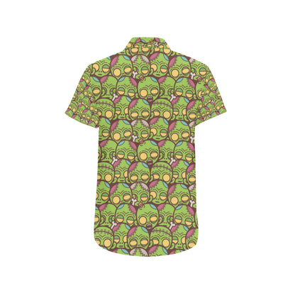 Zombie Head Design Pattern Print Men's Short Sleeve Button Up Shirt