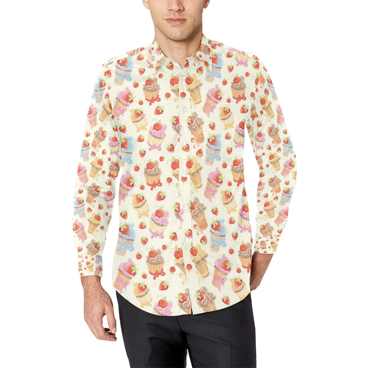 Cupcakes Strawberry Cherry Print Men's Long Sleeve Shirt