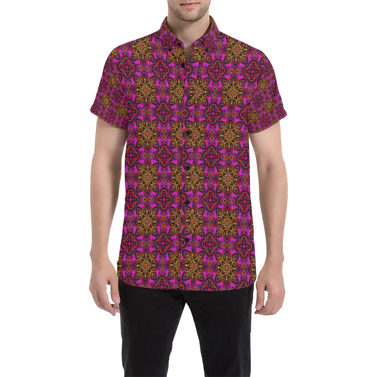 kaleidoscope Abstract Print Design Men's Short Sleeve Button Up Shirt