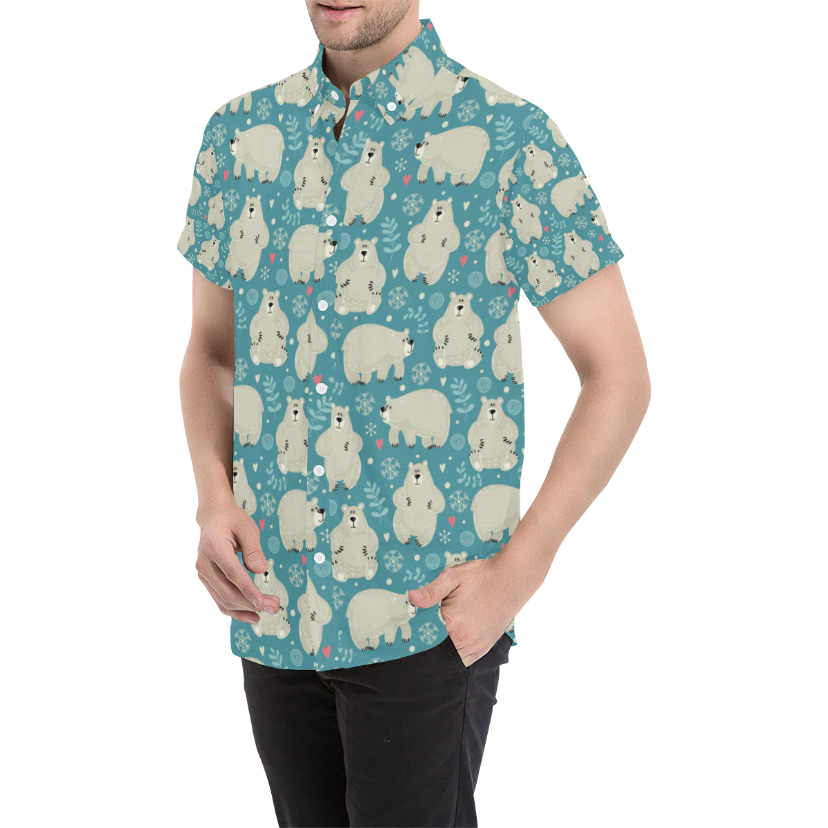 Bear Pattern Print Design BE04 Men's Short Sleeve Button Up Shirt