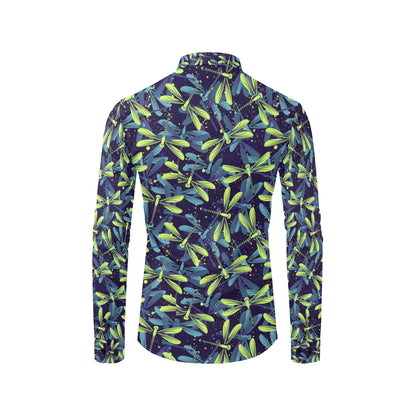 Dragonfly Lime Blue Print Pattern Men's Long Sleeve Shirt