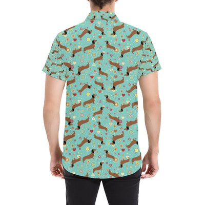 Dachshund with Floral Print Pattern Men's Short Sleeve Button Up Shirt