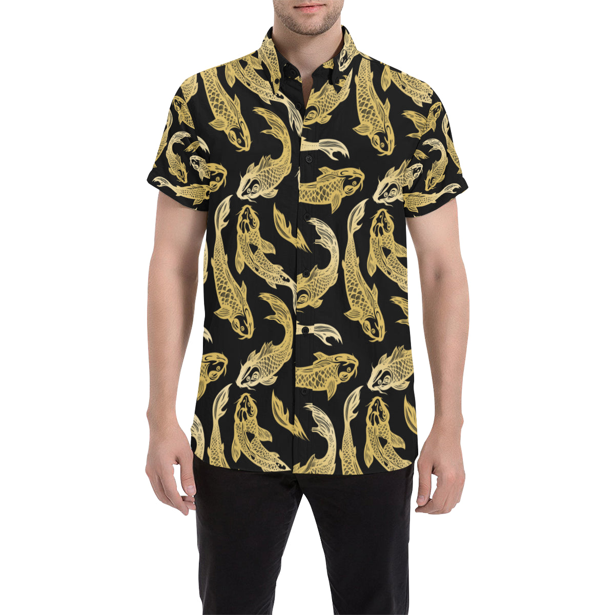 KOI Fish Pattern Print Design 03 Men's Short Sleeve Button Up Shirt