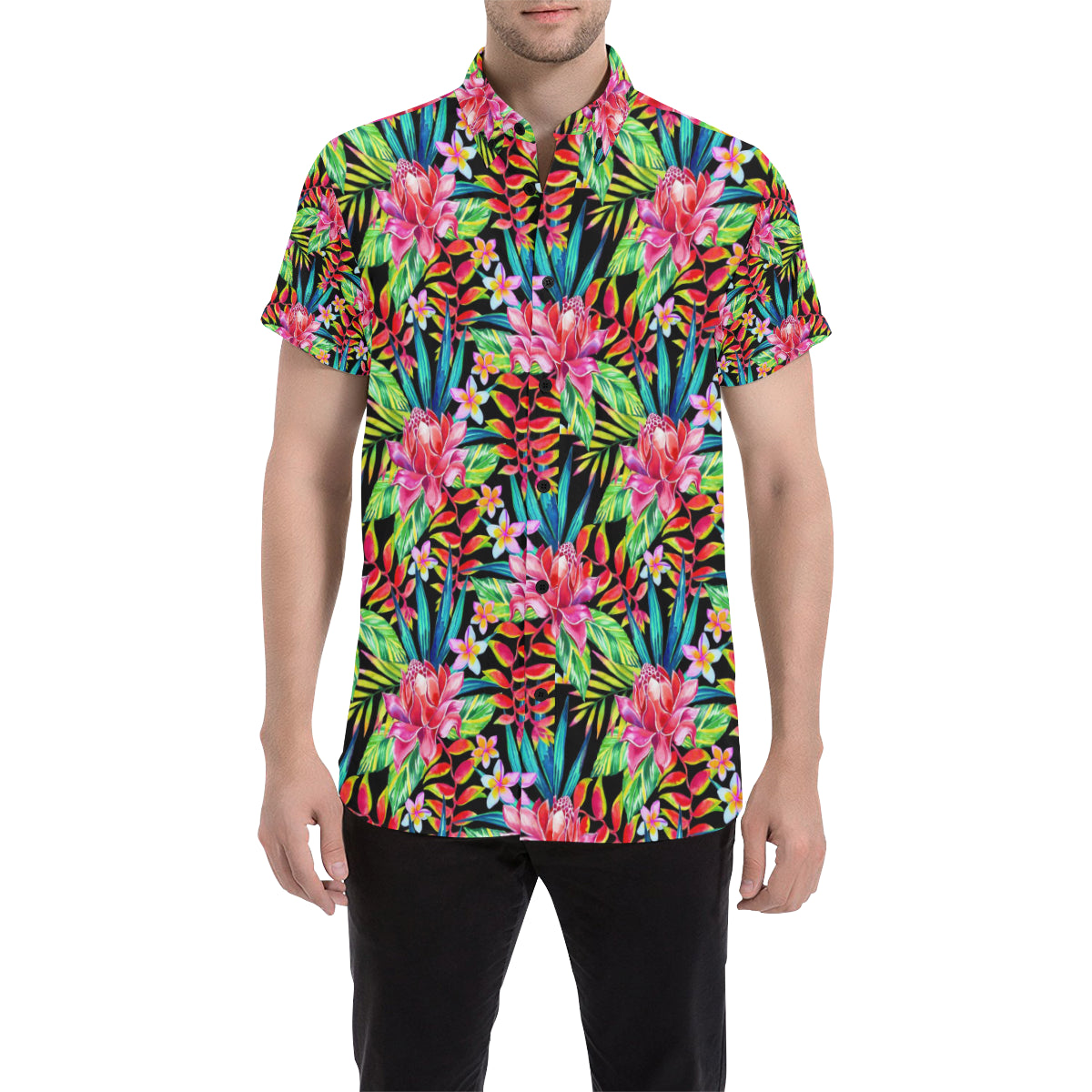 Heliconia Pattern Print Design HL02 Men's Short Sleeve Button Up Shirt