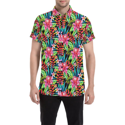 Heliconia Pattern Print Design HL02 Men's Short Sleeve Button Up Shirt