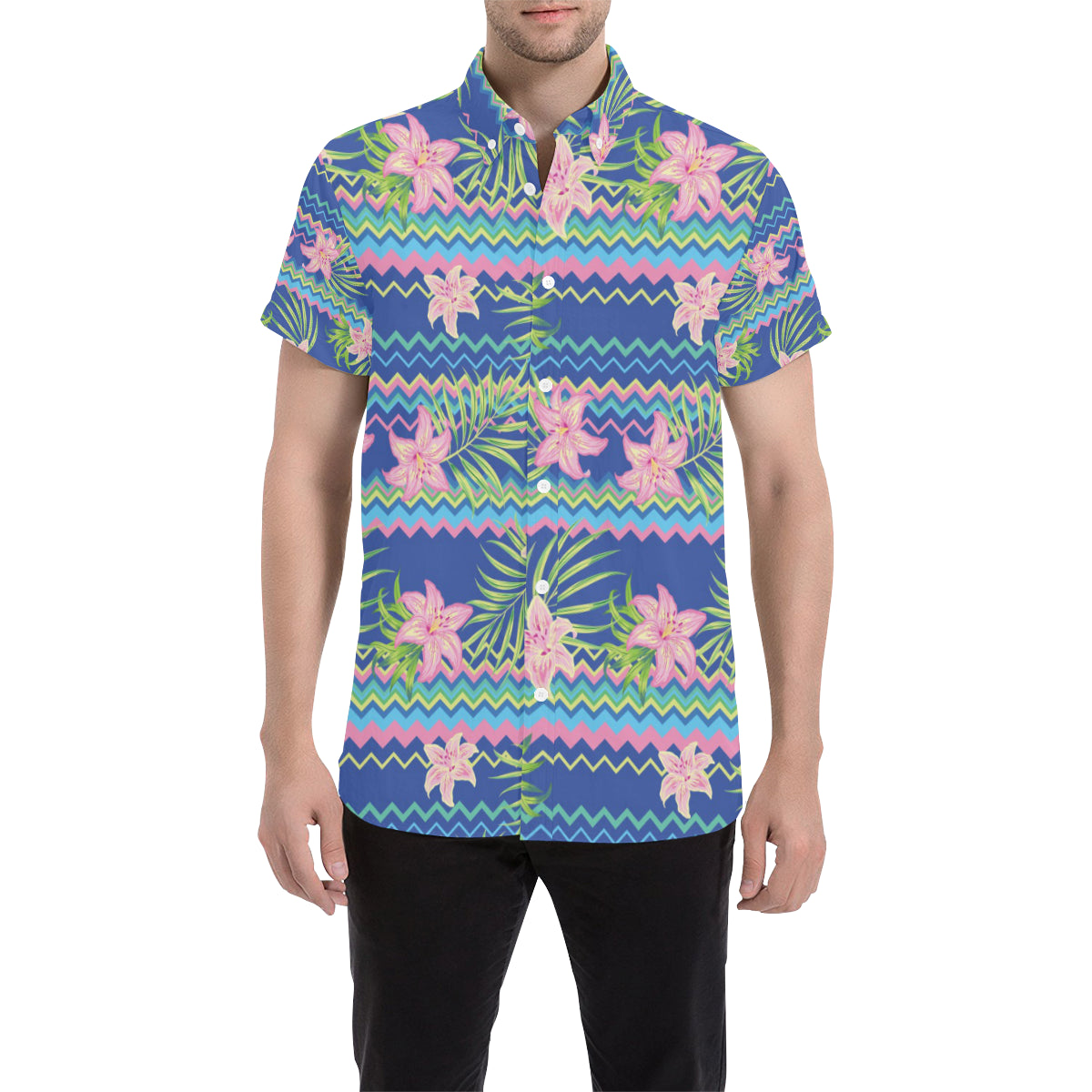 Lily Pattern Print Design LY015 Men's Short Sleeve Button Up Shirt