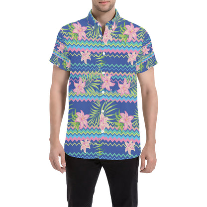Lily Pattern Print Design LY015 Men's Short Sleeve Button Up Shirt