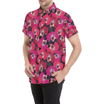 Orchid Red Pattern Print Design OR05 Men's Short Sleeve Button Up Shirt