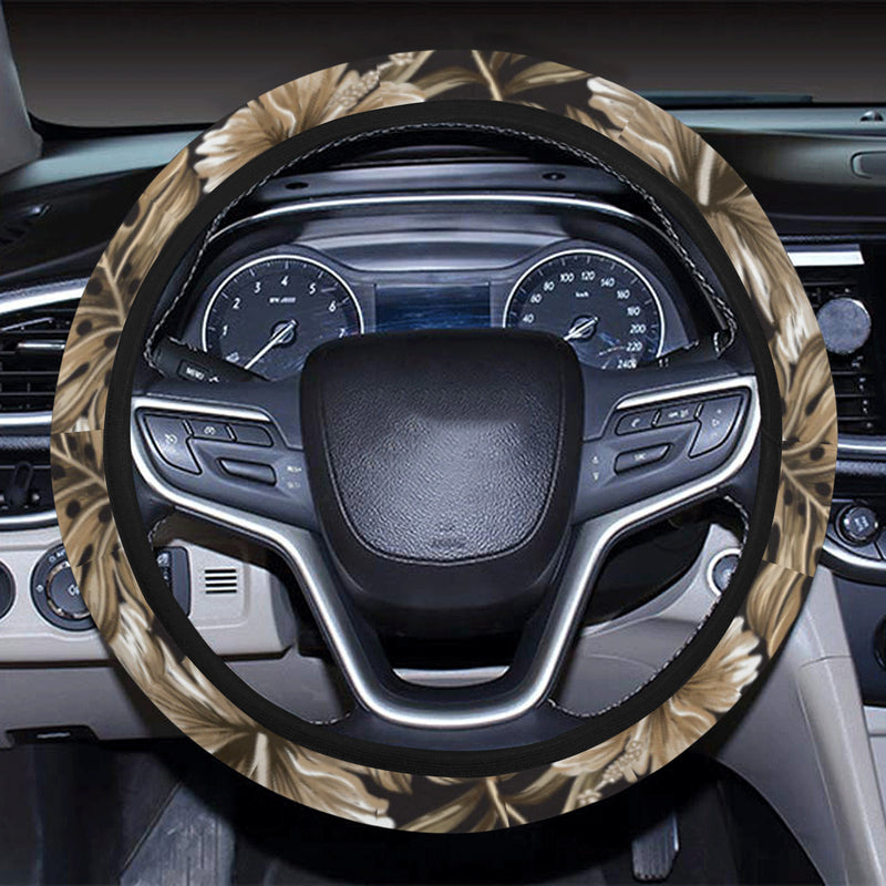 Brown Hibiscus Tropical Steering Wheel Cover with Elastic Edge