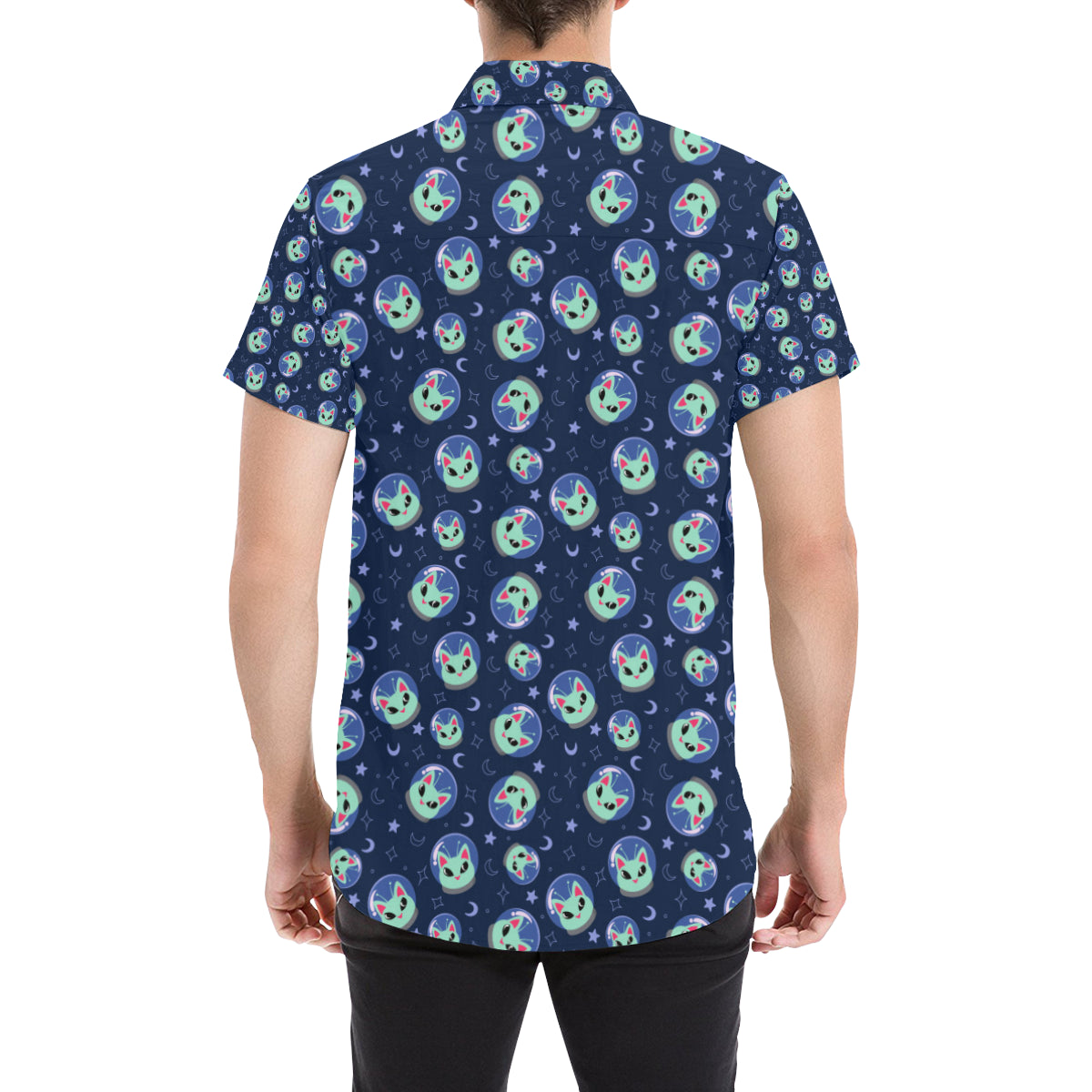 Alien Cat Men's Short Sleeve Button Up Shirt