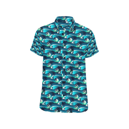 Beach Wave Design Print Men's Short Sleeve Button Up Shirt