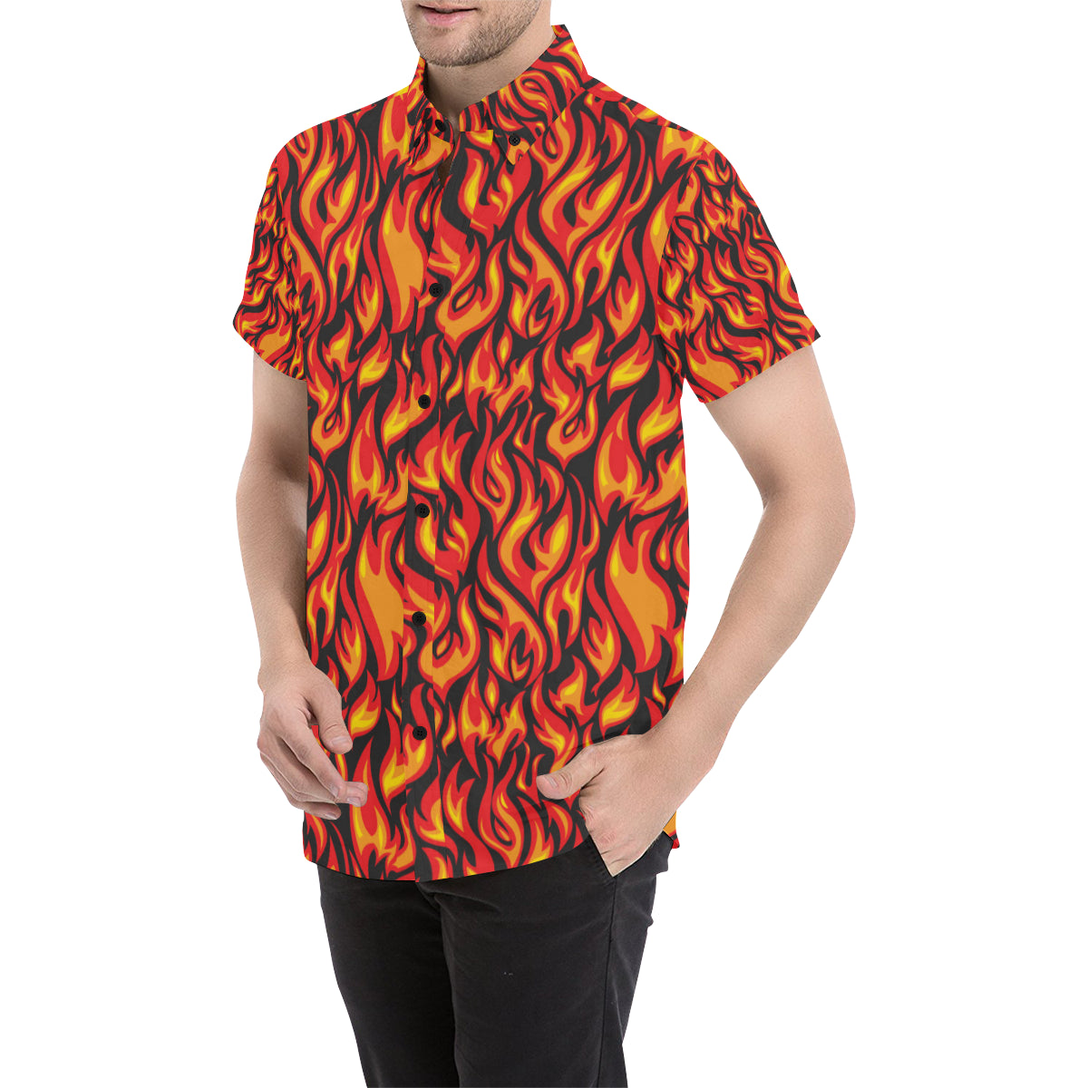 Flame Fire Print Pattern Men's Short Sleeve Button Up Shirt