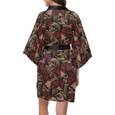 Microphone Skull Rose Pattern Print Design 02 Women's Short Kimono