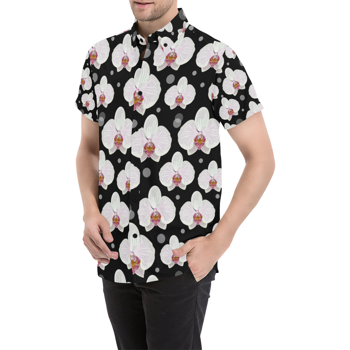Orchid White Pattern Print Design OR09 Men's Short Sleeve Button Up Shirt