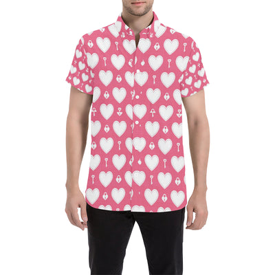 Heart Key Pattern Print Design HE09 Men's Short Sleeve Button Up Shirt