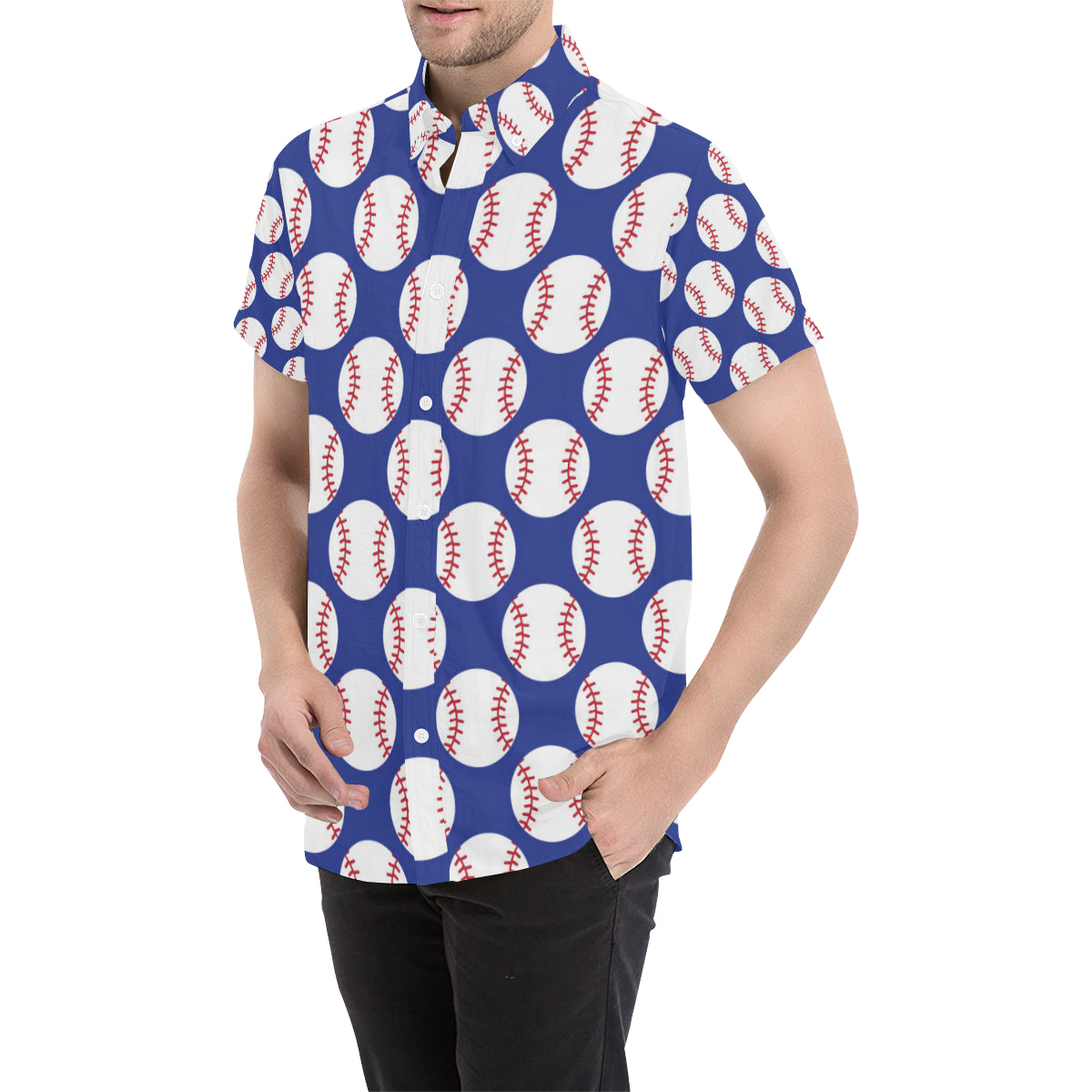Baseball Blue Background Men's Short Sleeve Button Up Shirt