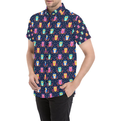 Owl Cute Themed Design Print Men's Short Sleeve Button Up Shirt