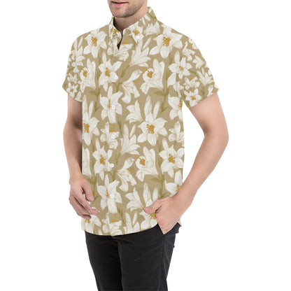 Lily Pattern Print Design LY07 Men's Short Sleeve Button Up Shirt